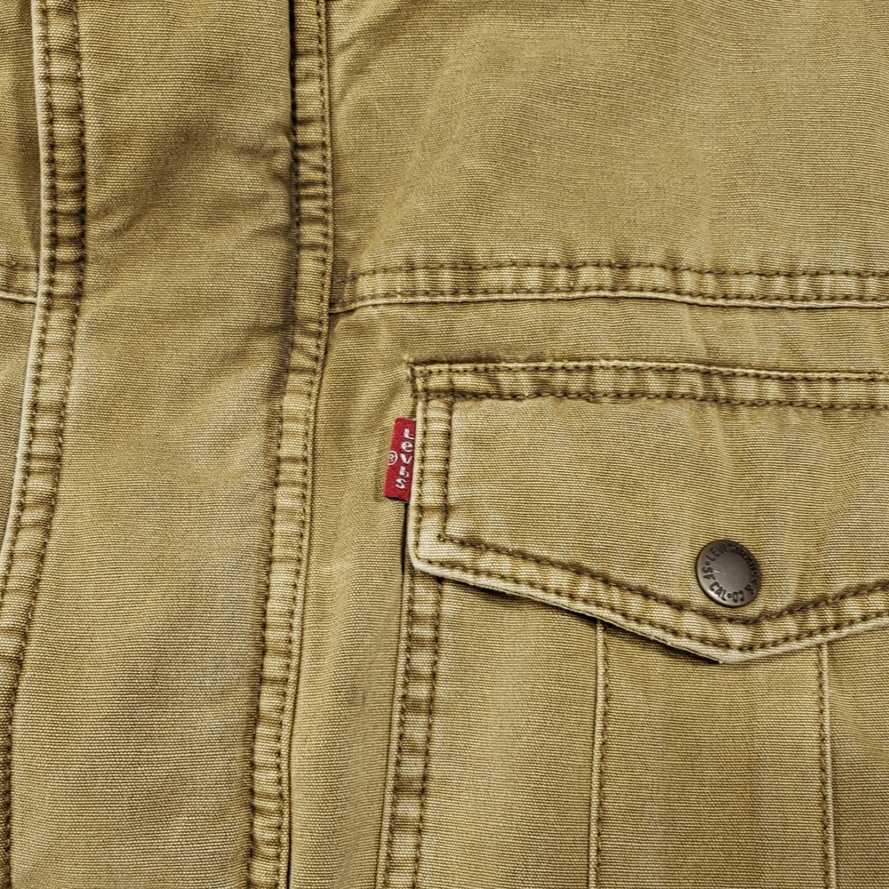 Levis Canvas Jacket Men XL Tan Sherpa Lined Zip In Hood Utility Coat Distressed - Picture 3 of 15